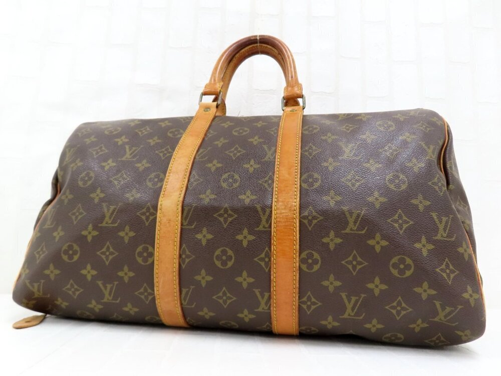 LOUIS VUITTON Monogram Keepall calf leather leather Boston bag Brown gold
